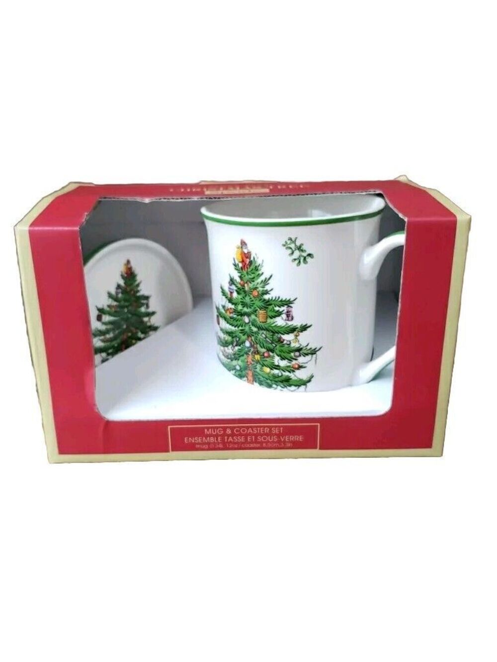 Spode Christmas Tree Mug & Coaster Set New Old Stock Holiday Ceramic Decor